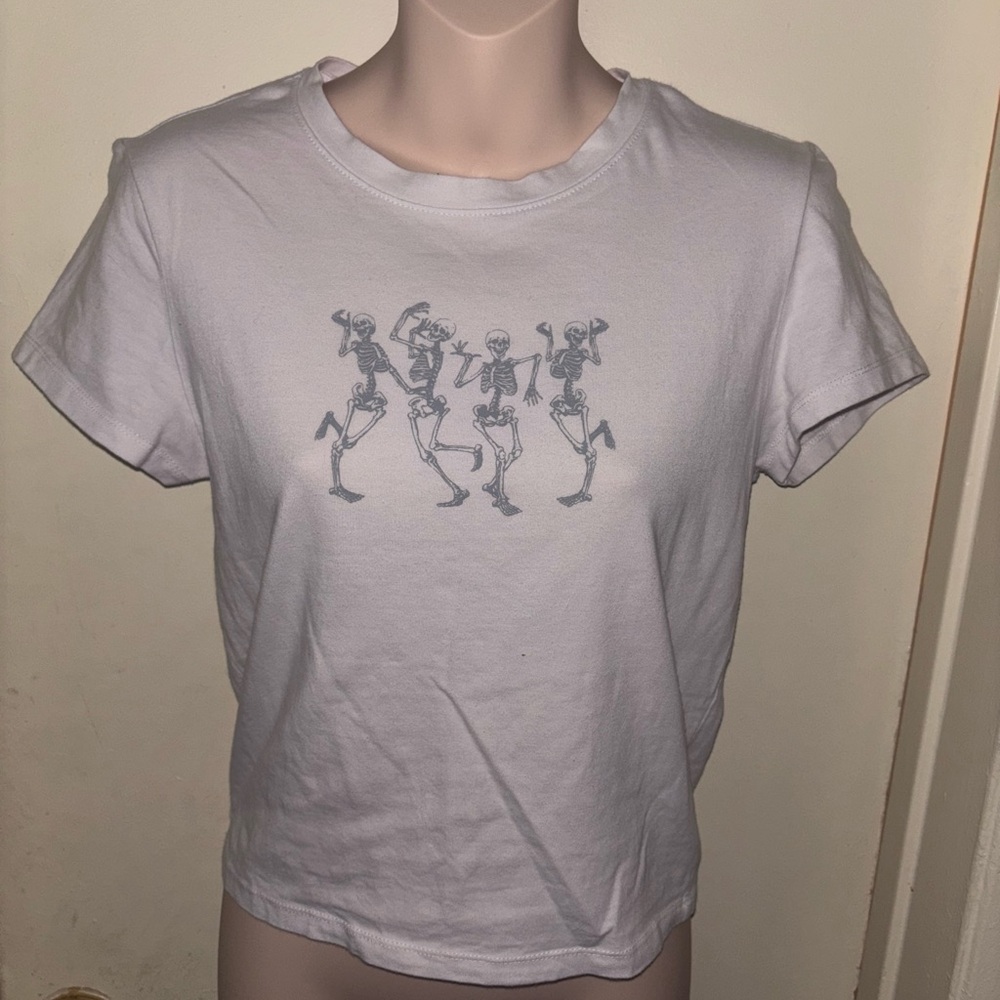Obsessive Love. White T-Shirt with Dancing Skeletons Graphic. Size Xl
